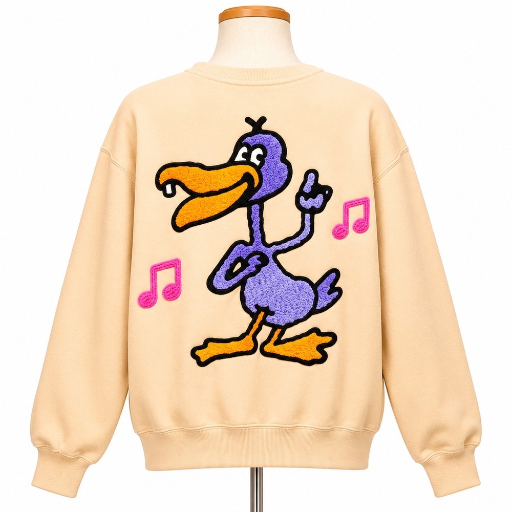 Obey Disco Duck Sweatshirt Unisex Large Tan Graphic Embroidered Chenille Patch